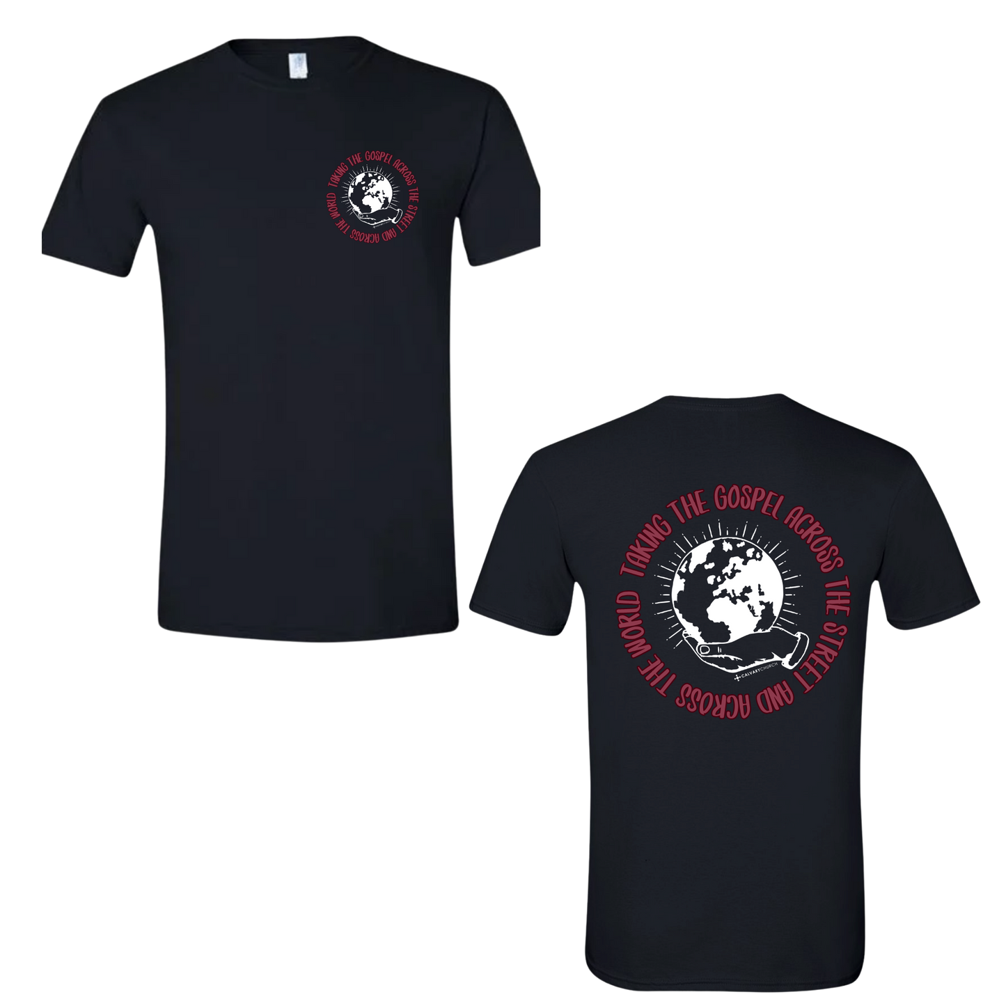 Taking the Gospel- Black Gildan Softstyle T-Shirt - Red Design on Back