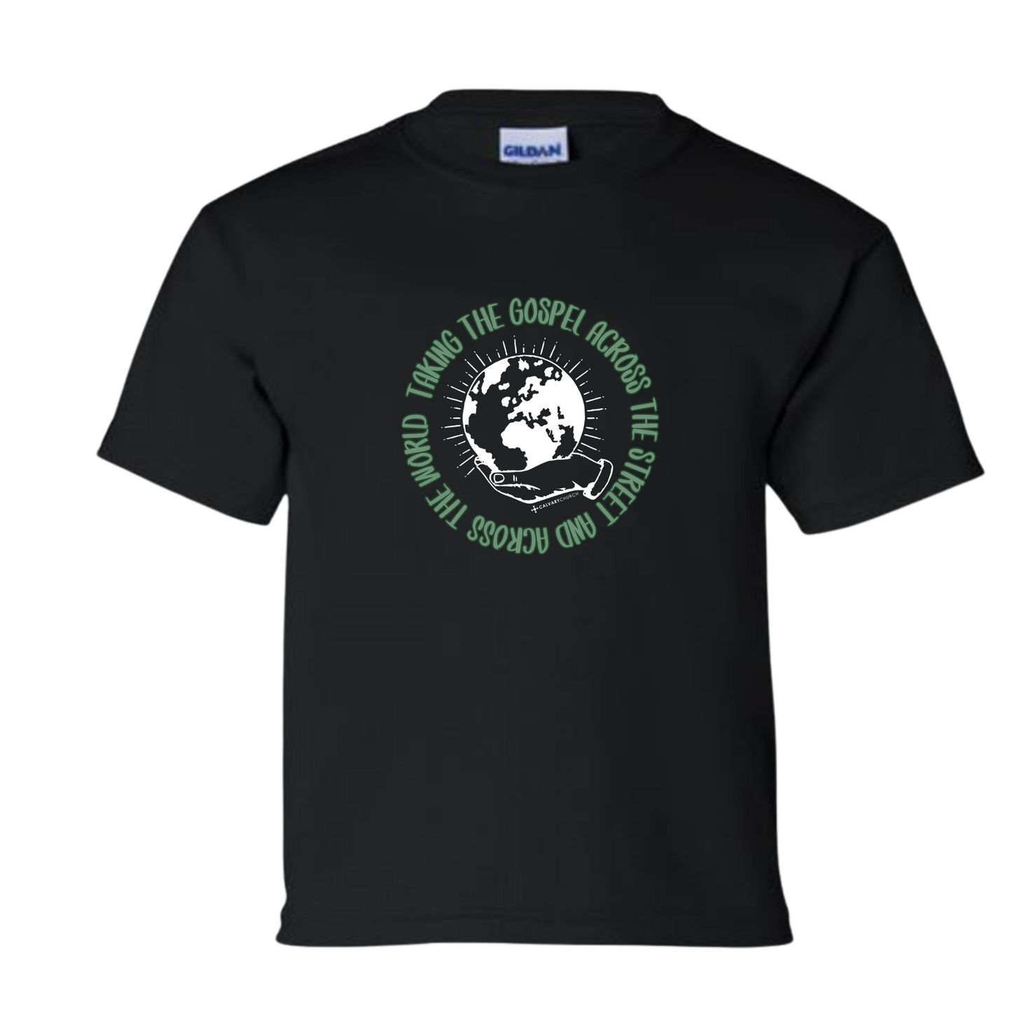 Taking the Gospel- Kids Black Gildan Softstyle T-Shirt - Green Design