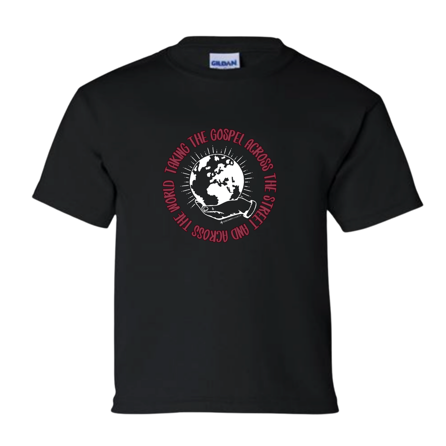 Taking the Gospel- Kids Black Gildan Softstyle T-Shirt - Red Design