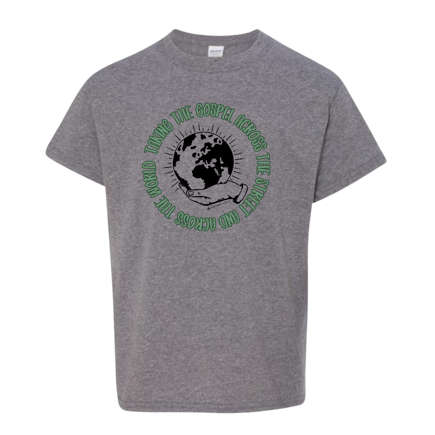 Taking the Gospel- Kids Graphite Heather Gildan Softstyle T-Shirt - Red Design