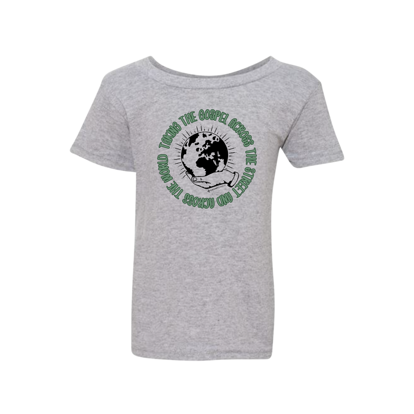 Taking the Gospel- Toddler Sport Gray Gildan T-Shirt - Green Design
