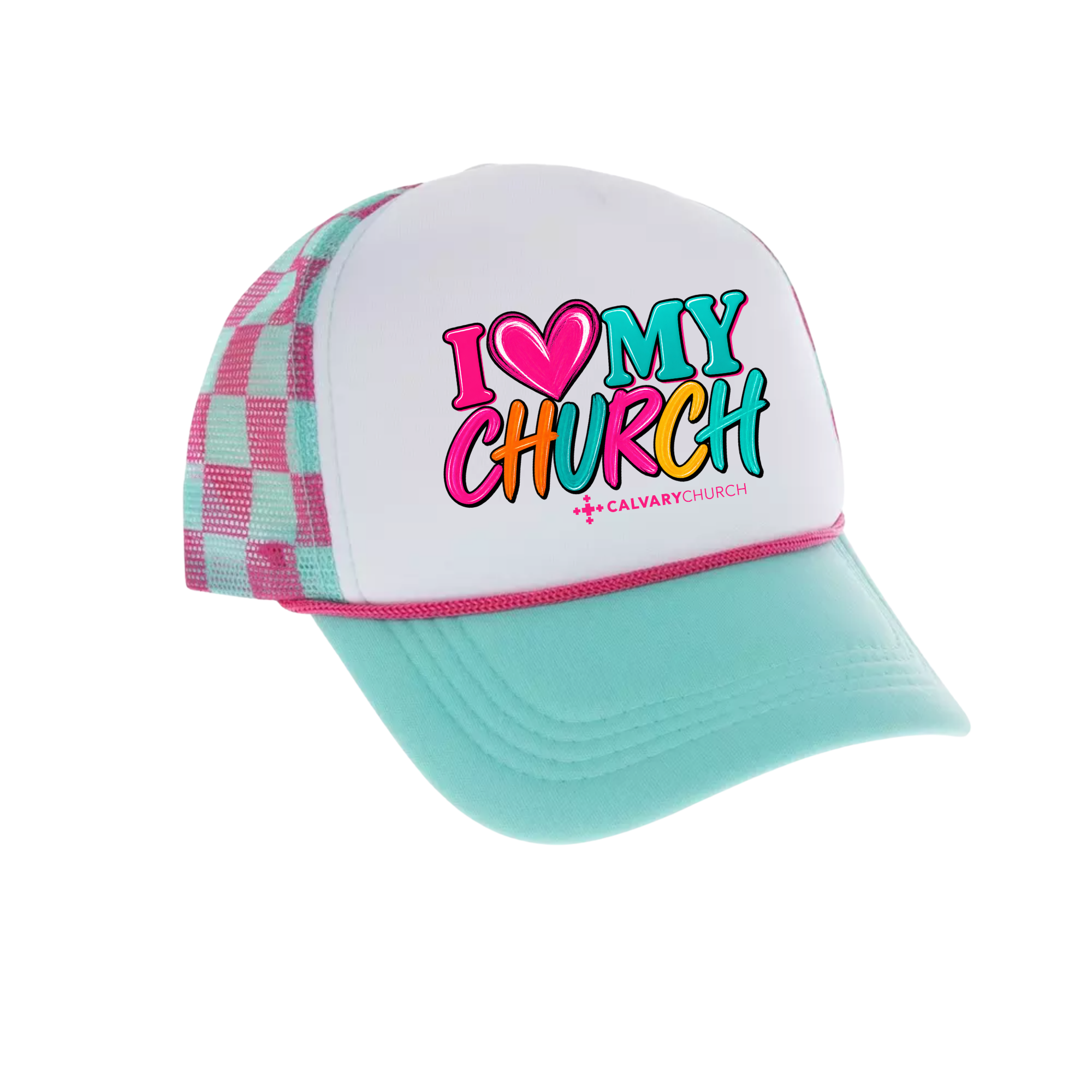 Calvary - I Love My Church hat- Hot Pink and Teal Checkered