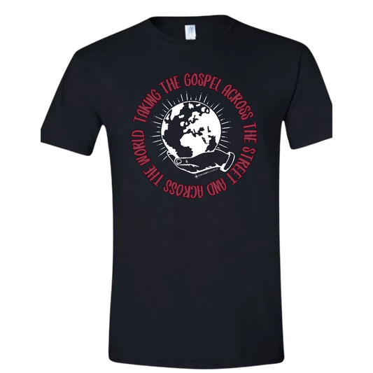 Taking the Gospel- Black Gildan Softstyle T-Shirt - Red Design