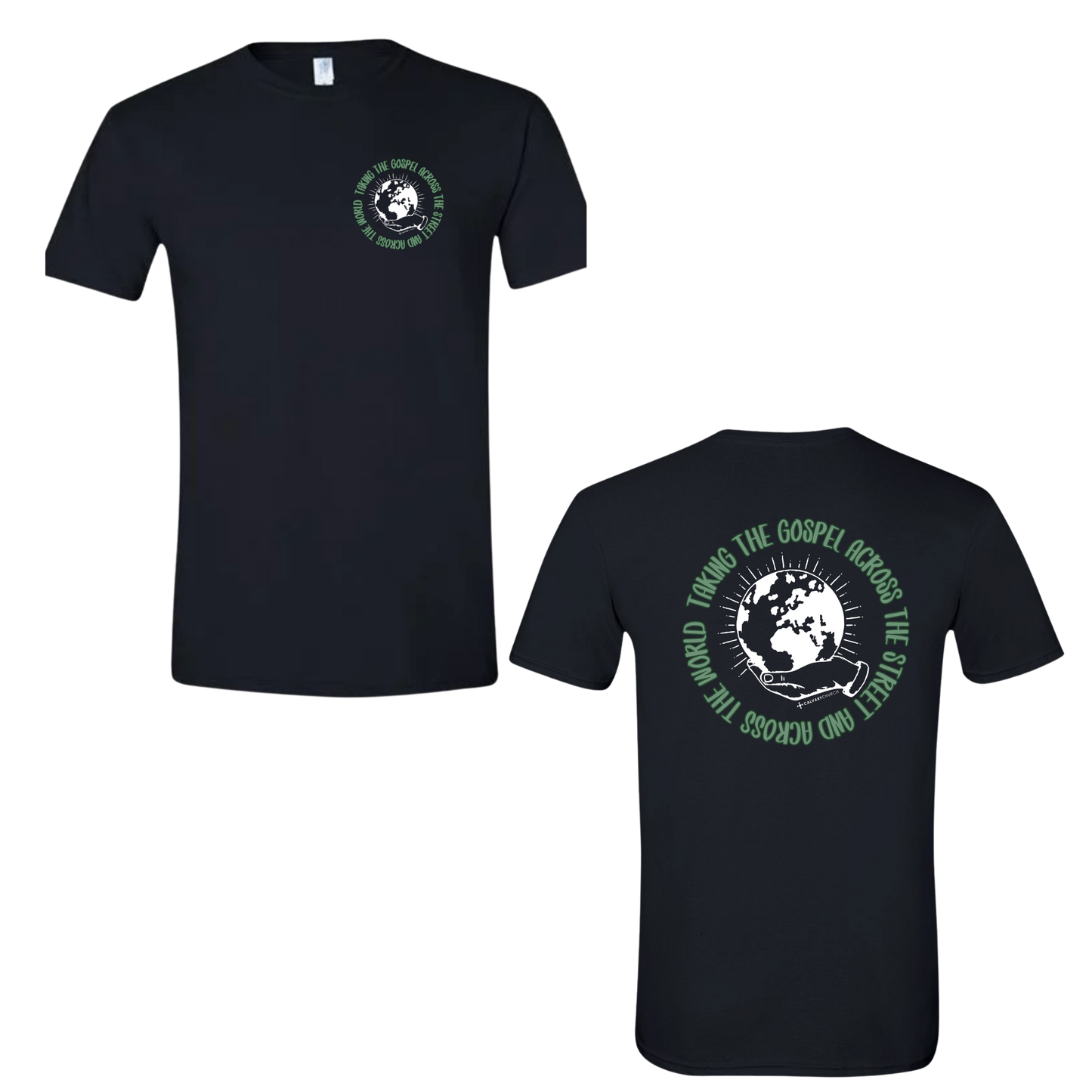 Taking the Gospel- Black Gildan Softstyle T-Shirt - Green Design on Back