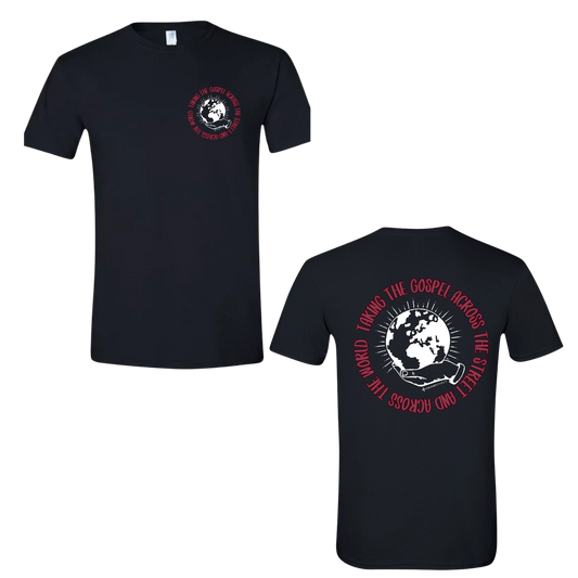 Taking the Gospel- Black Gildan Softstyle T-Shirt - Red Design on Back