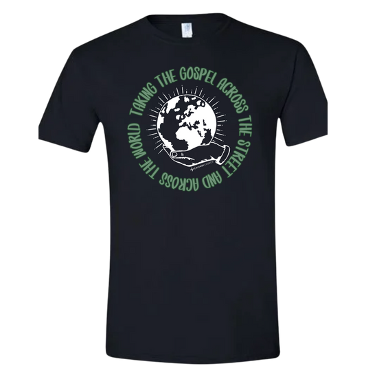 Taking the Gospel- Black Gildan Softstyle T-Shirt - Green Design