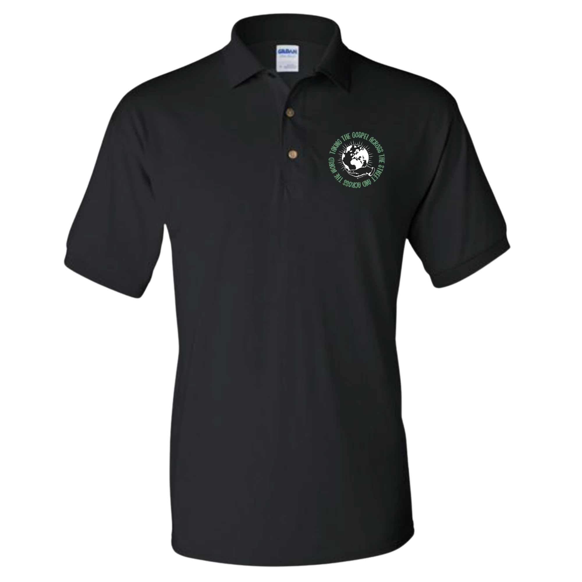 Taking the Gospel- Black Polo- Green Design