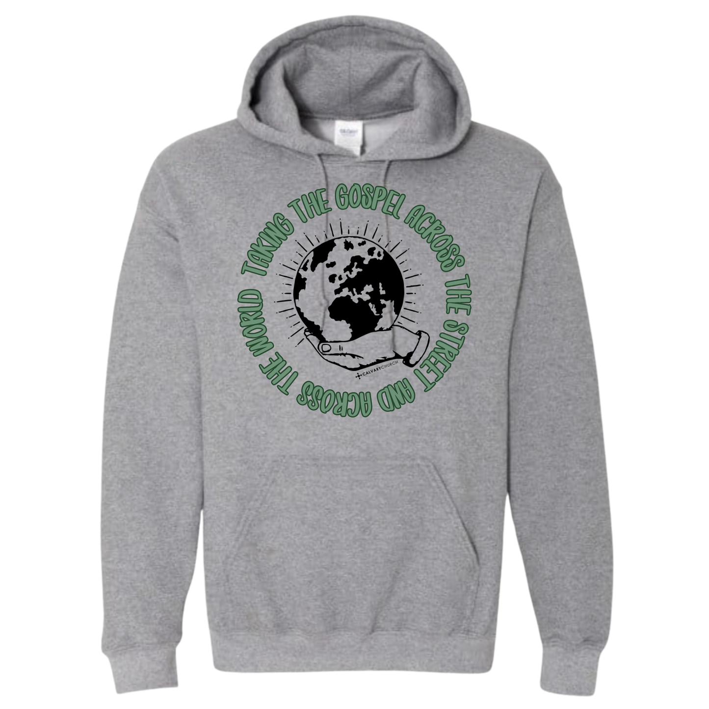 Taking the Gospel- Graphite Heather Hoodie - Green Design