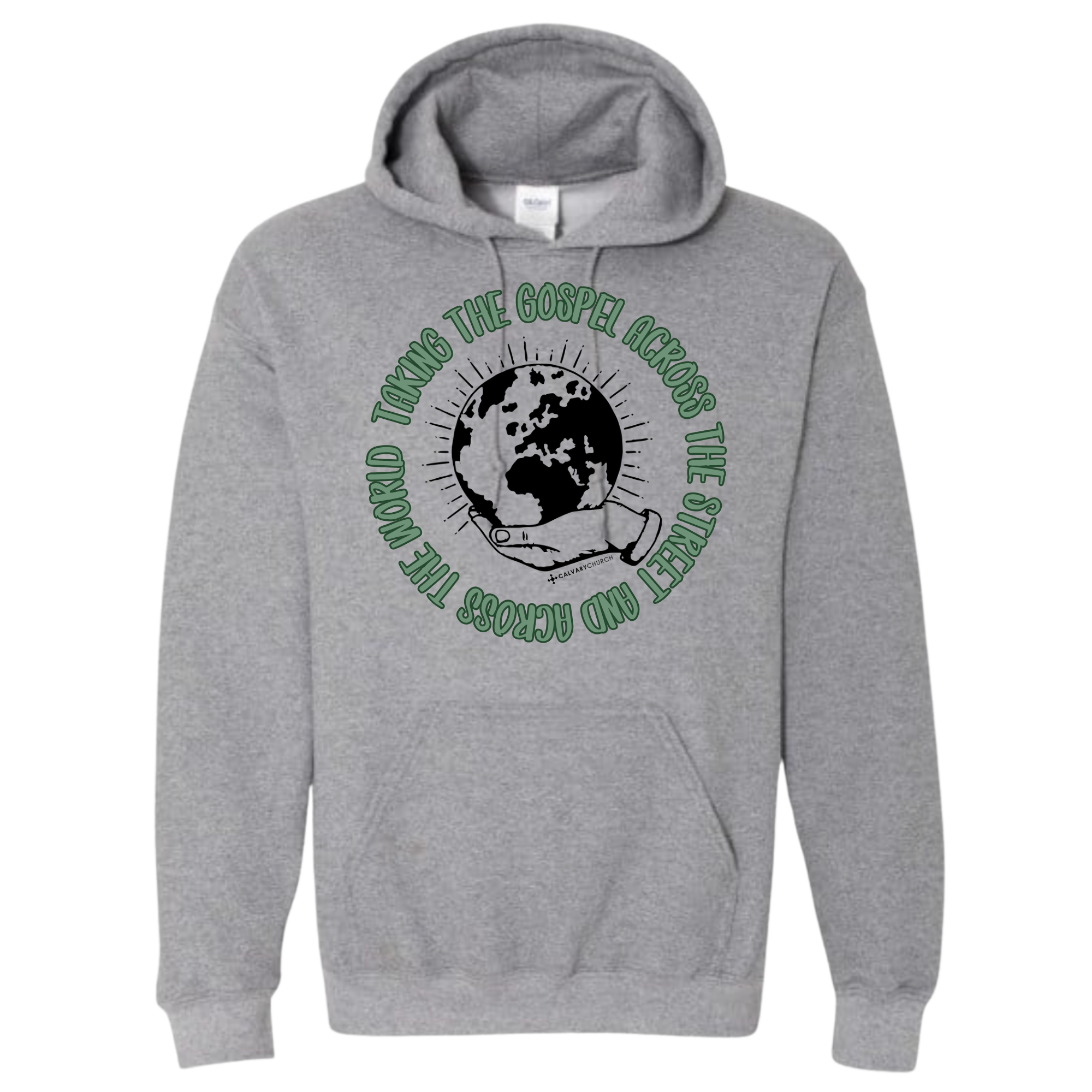 Taking the Gospel- Graphite Heather Hoodie - Green Design