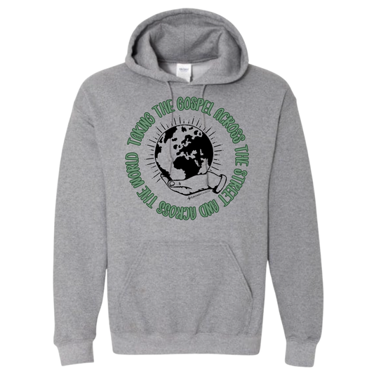 Taking the Gospel- Graphite Heather Hoodie - Green Design