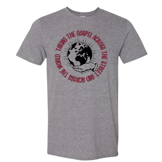 Taking the Gospel- Graphite Heather Gildan Softstyle T-Shirt - Red Design