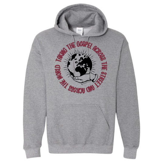 Taking the Gospel- Graphite Heather Hoodie - Red Design