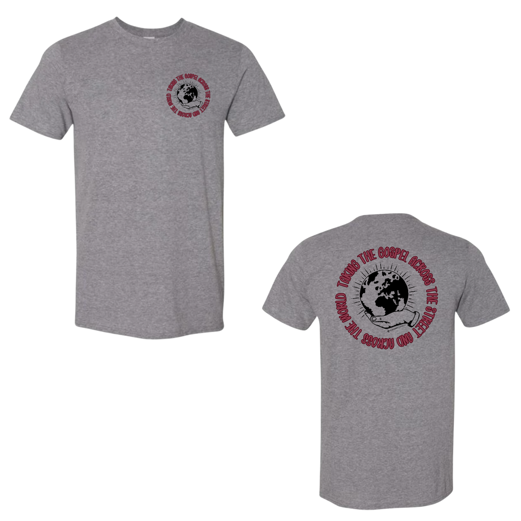 Taking the Gospel- Heather Graphite Gildan Softstyle T-Shirt - Red Design on Back