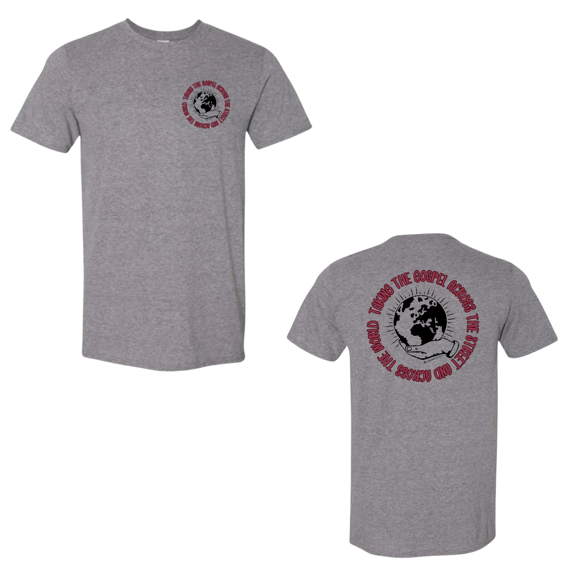 Taking the Gospel- Heather Graphite Gildan Softstyle T-Shirt - Red Design on Back