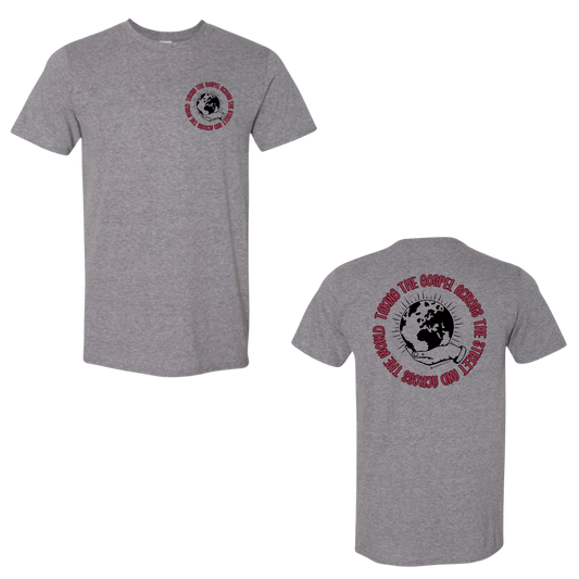 Taking the Gospel- Heather Graphite Gildan Softstyle T-Shirt - Red Design on Back