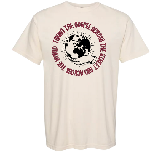 Taking the Gospel- Ivory Comfort Colors T-Shirt - Red Design
