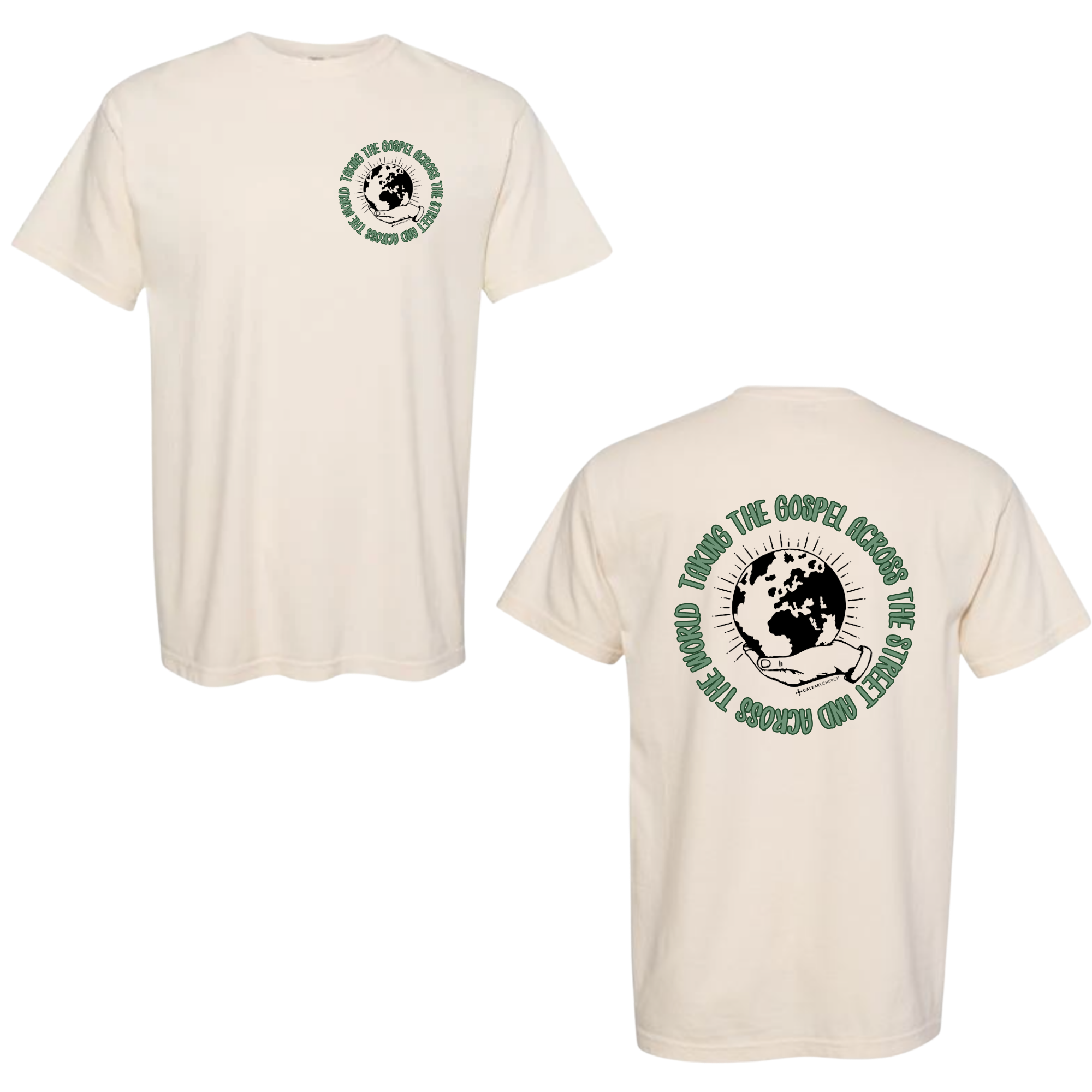 Taking the Gospel- Comfort Color Ivory T-Shirt - Green Design on Back