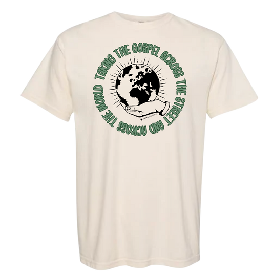 Taking the Gospel- Ivory Comfort Colors T-Shirt - Green Design