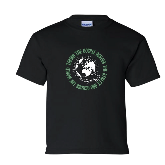 Taking the Gospel- Kids Black Gildan Softstyle T-Shirt - Green Design