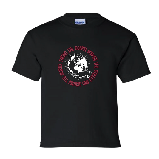 Taking the Gospel- Kids Black Gildan Softstyle T-Shirt - Red Design