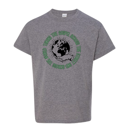 Taking the Gospel- Kids Graphite Heather Gildan Softstyle T-Shirt - Green Design