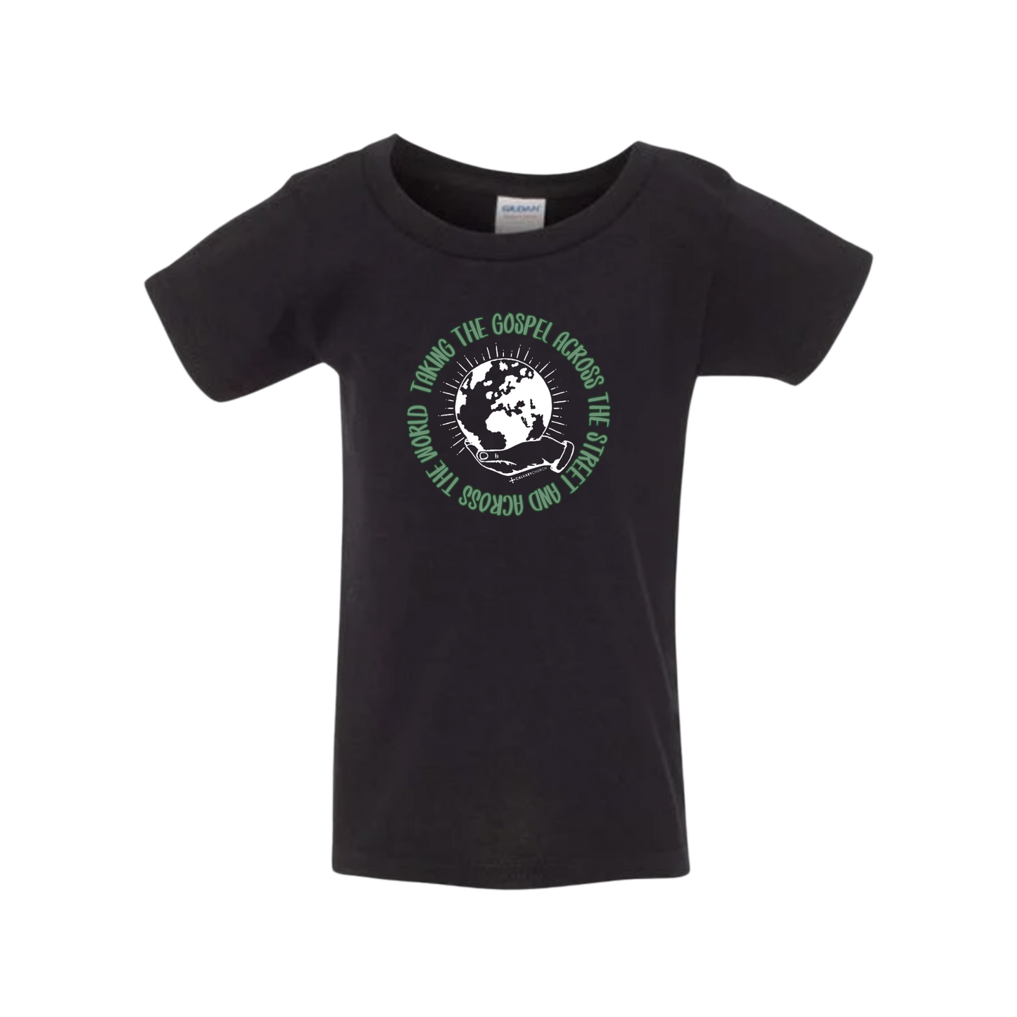 Taking the Gospel- Toddler Black Gildan  T-Shirt - Green Design