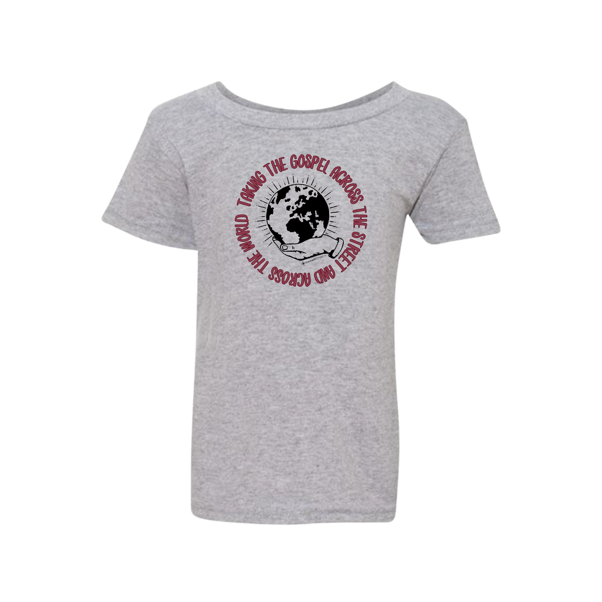 Taking the Gospel- Toddler Sport Gray Gildan  T-Shirt - Red Design