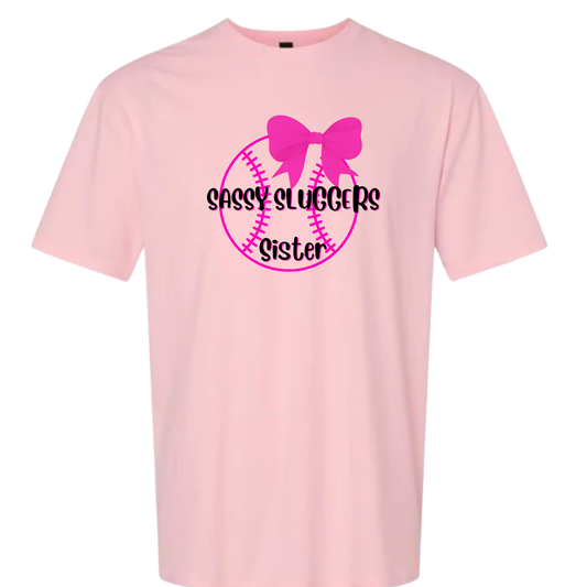 Sassy Sluggers- Light Pink Shirt/ Black Font on the Ball