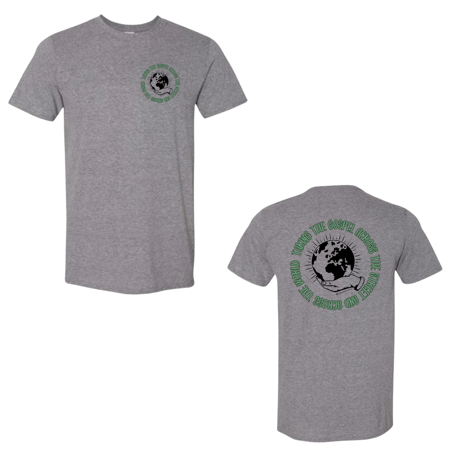 Taking the Gospel- Heather Graphite Gildan Softstyle T-Shirt - Green Design on Back